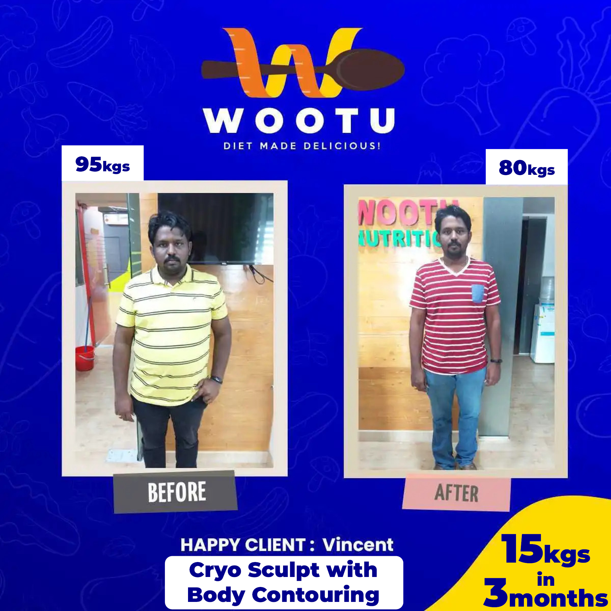 Before and after photo of Sujith, a delighted client who took Diet, Detox and Therapy treatment for weight loss from Wootu Nutrition in Chennai .